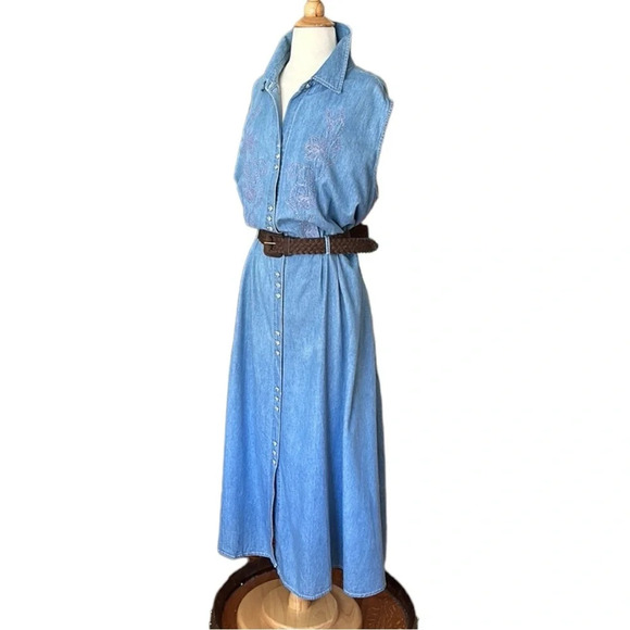 Vintage 90s Embroidered Denim MIDI Dress Blue Belted Pockets Casual Size 24 - Picture 10 of 16